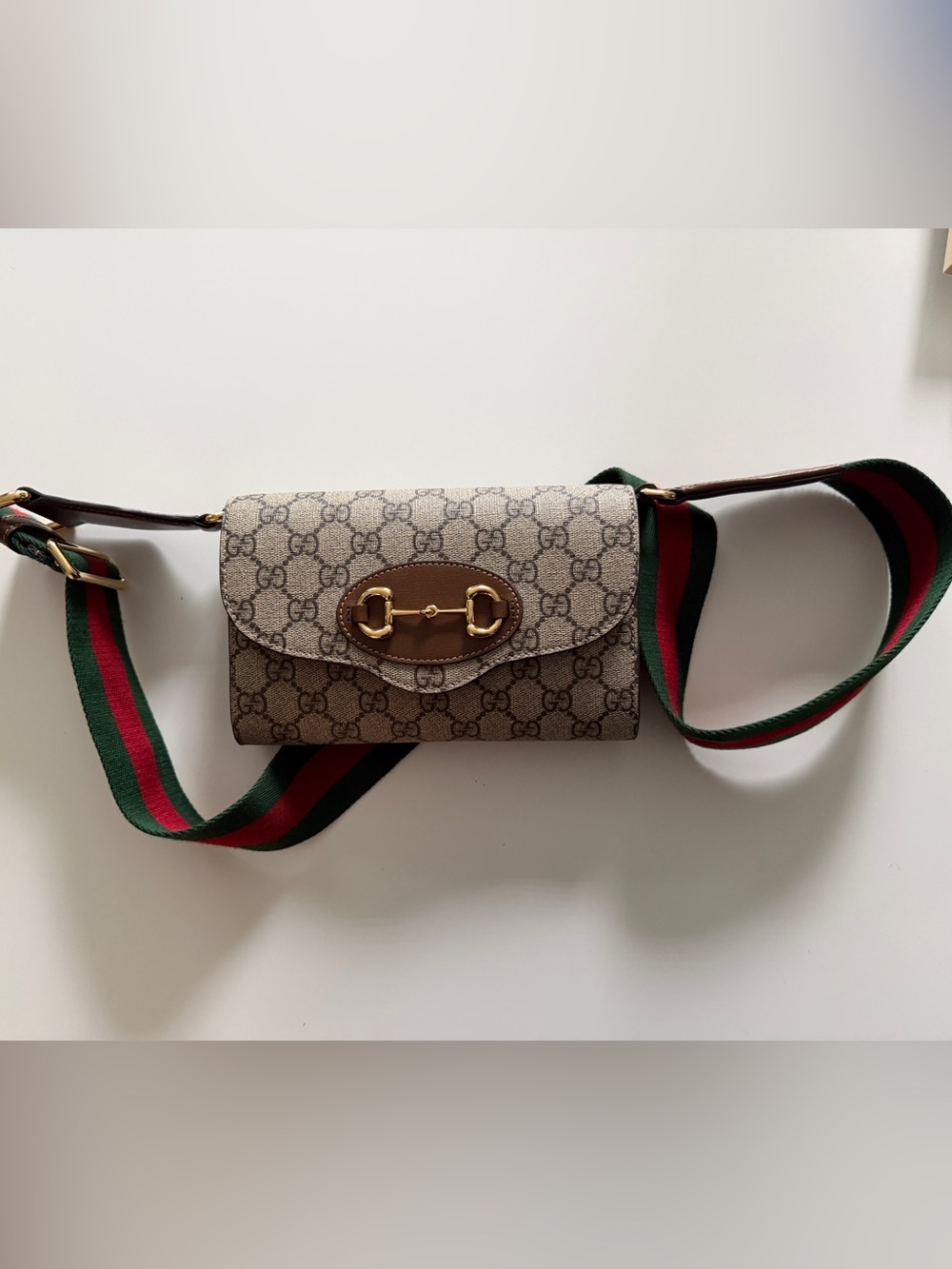 Gucci Beige GG Canvas with Brown Leather and Green-Red Web Crossbody Bag